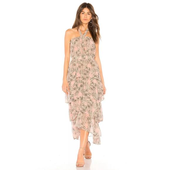 MISA Los Angeles Floral Print Valeria Halter Neck Midi Dress Pink Size Medium - Picture 2 of 12